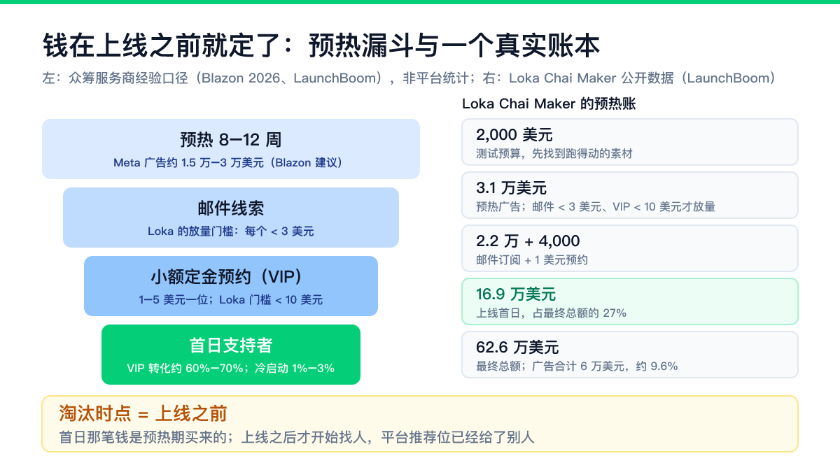 钱在上线之前就定了:众筹预热漏斗与 Loka Chai Maker 的预热账 Kickstarter众筹预热漏斗:预热 8 到 12 周、邮件线索、小额定金预约 VIP、首日支持者;Loka Chai Maker 预热广告 3.1 万美元、2.2 万邮件与 4000 个 1 美元预约、首日 16.9 万美元占总额 27%